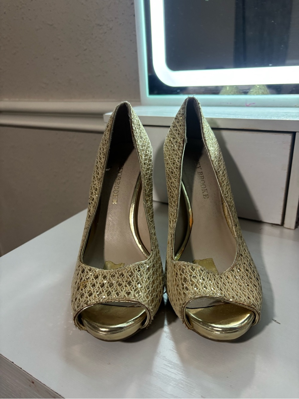 Audrey Brooke Gold Metallic Woven Peep-Toe Heels